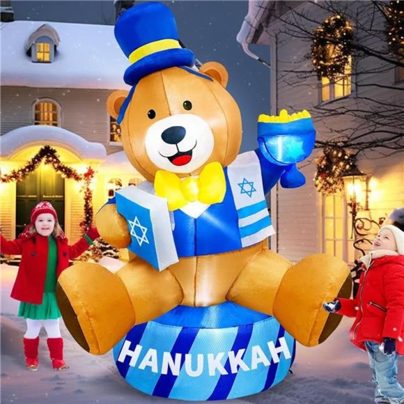 6 FT Hanukkah Inflatable Gentleman Bear Holding Menorah and Bible Outdoor Decor - Picture 2 of 6